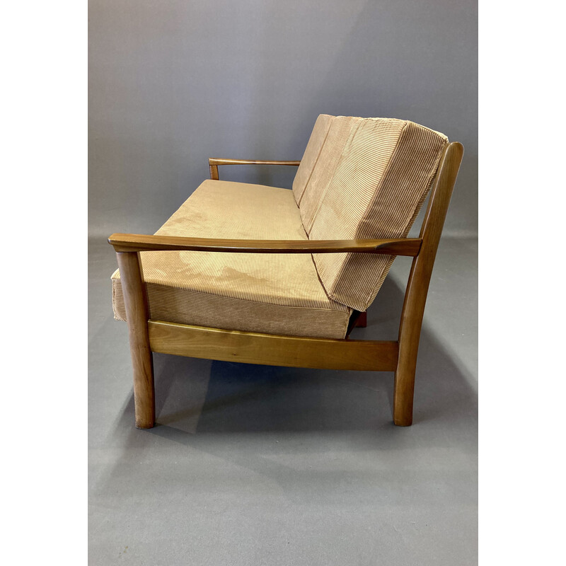 Divano scandinavo vintage a 3 posti in teak e velluto, 1950