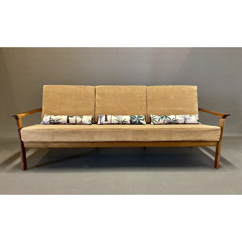 Divano scandinavo vintage a 3 posti in teak e velluto, 1950