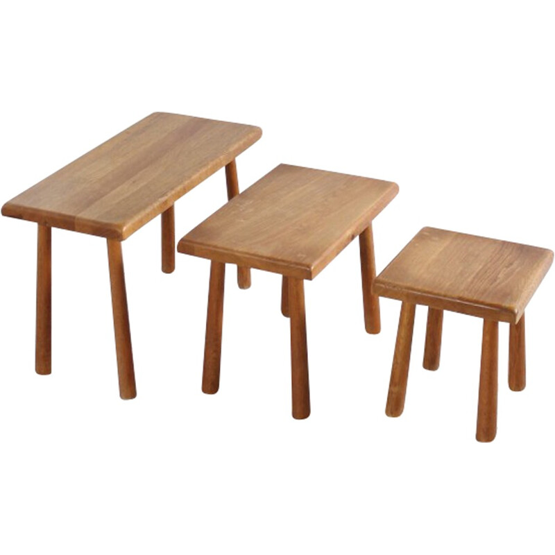 Ensemble de 3 tables gigognes vintage en chêne - 1950