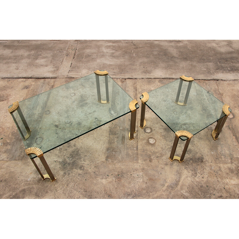 Vintage Hollywood Regency gold glass coffee table and side table, 1970