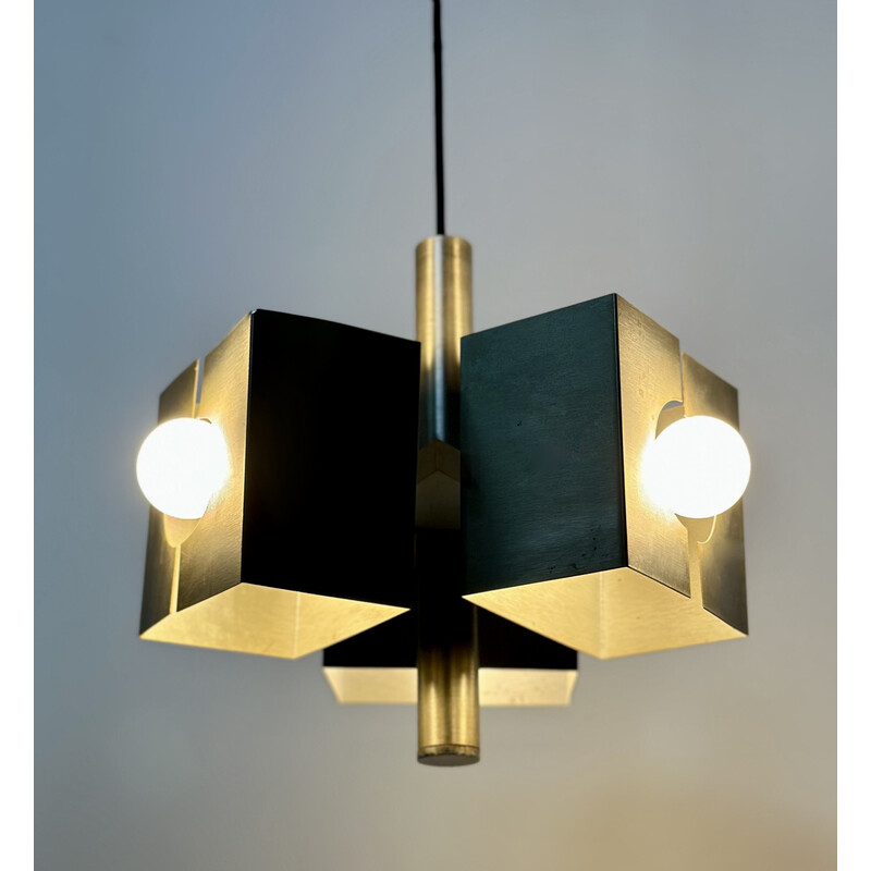 Vintage brushed steel 3-light chandelier, 1970