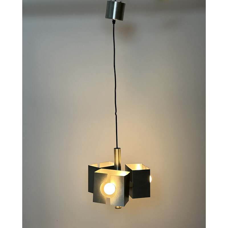 Vintage brushed steel 3-light chandelier, 1970