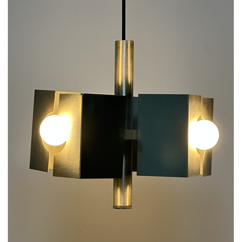 Vintage brushed steel 3-light chandelier, 1970