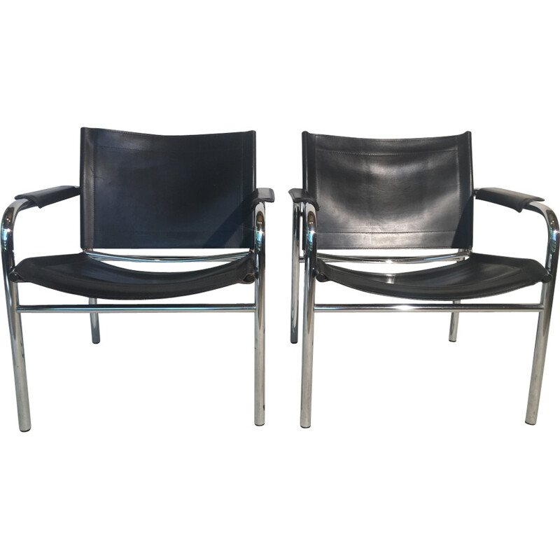 Set of 2 Bauhaus tubular and leather armchairs - 1980s