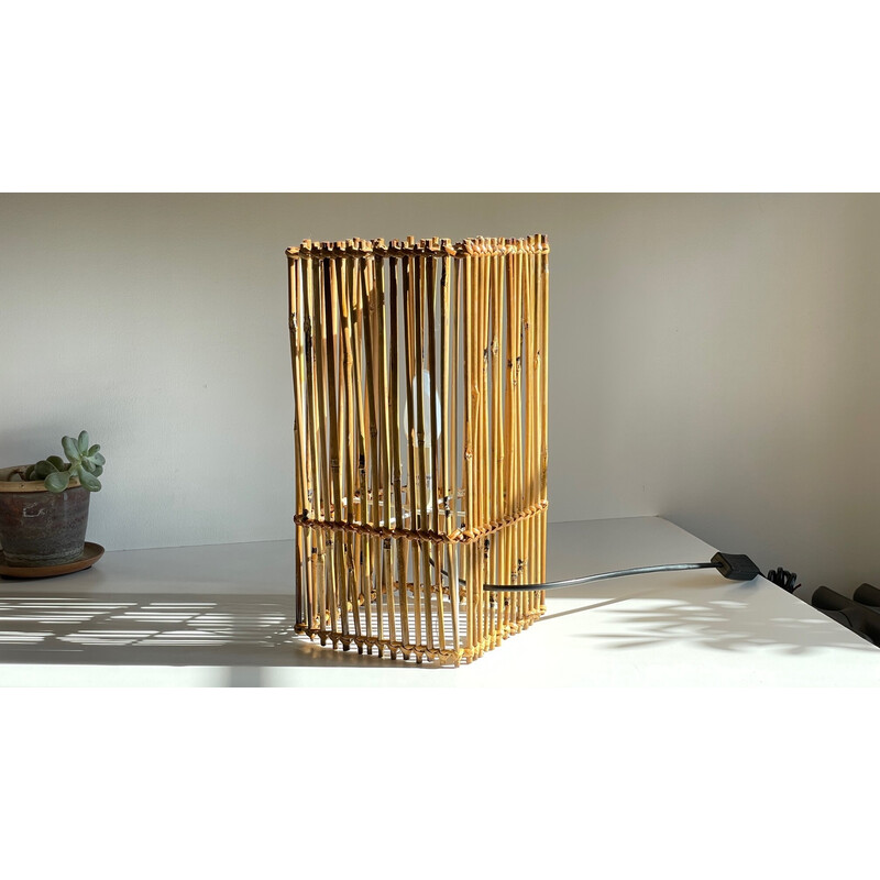Vintage cube lamp in wood and wicker, 2000