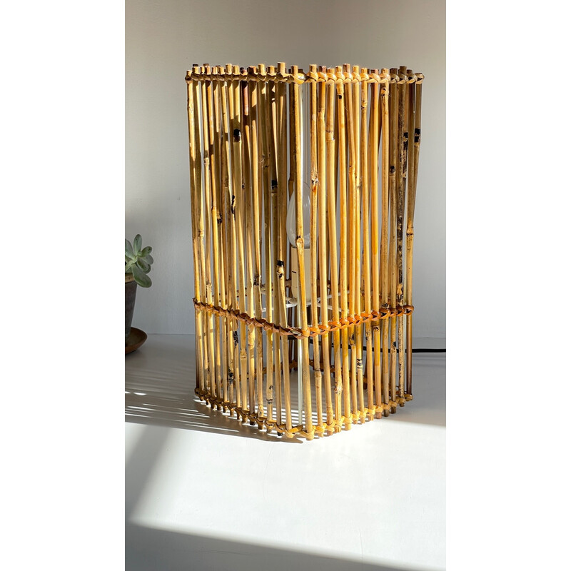 Lámpara cubo vintage de madera y mimbre, 2000