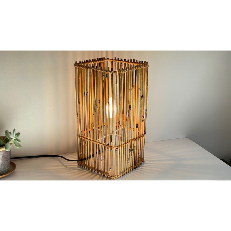 Lampada a cubo vintage in legno e vimini, 2000