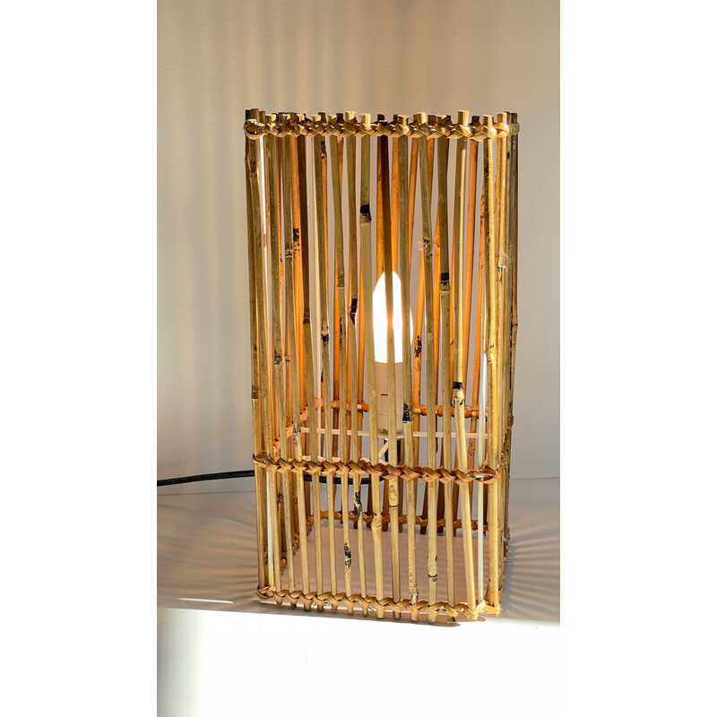 Vintage cube lamp in wood and wicker, 2000