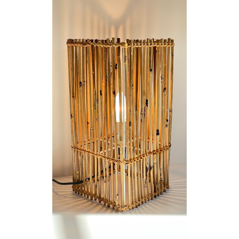 Vintage cube lamp in wood and wicker, 2000