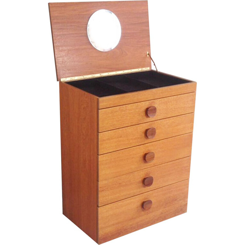 Mid century teak chest of drawers with lift up mirror and jewellery tray - 1970s