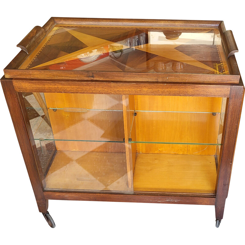 Mueble bar vintage de madera y cristal, 1950