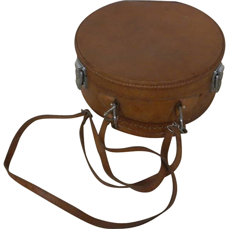 Vintage leather container case with shoulder strap, 1980