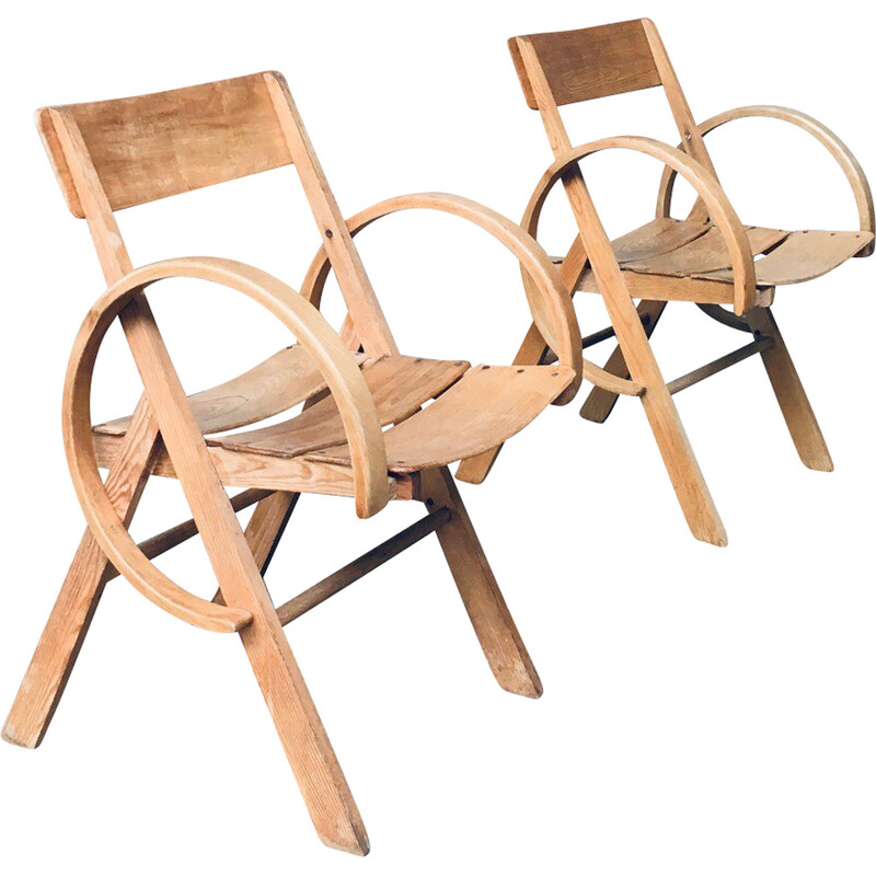 Pareja de sillones vintage franceses de madera de roble hechos a mano, Francia años 50