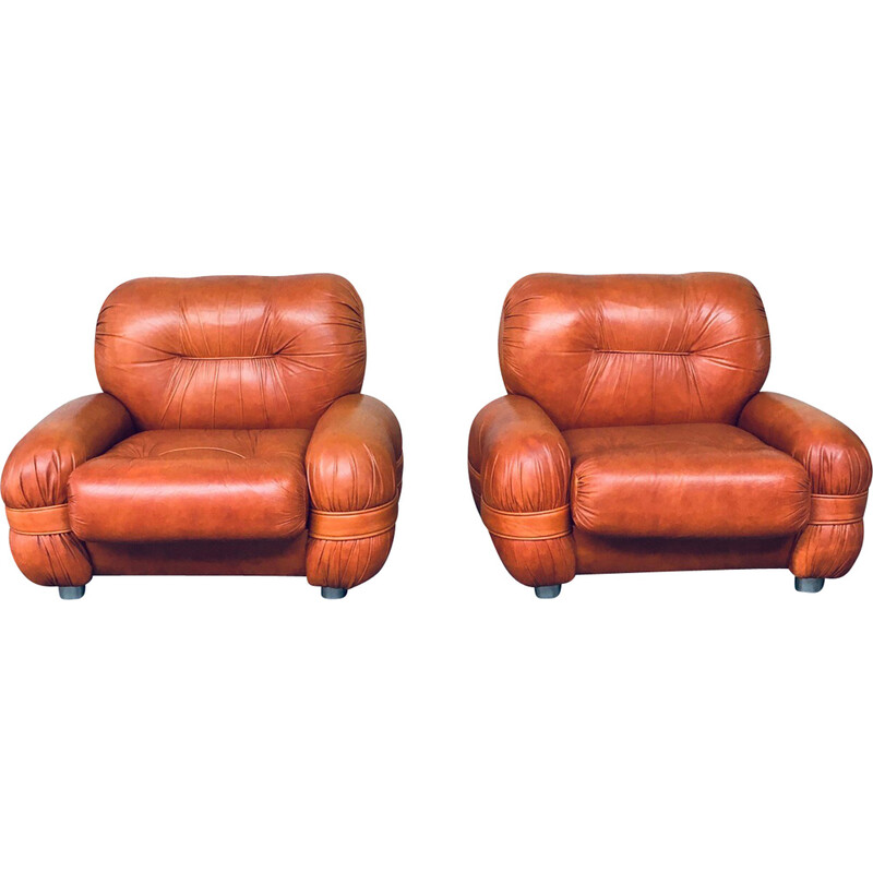 Pair of mid century Italian leather armchairs, 1970s