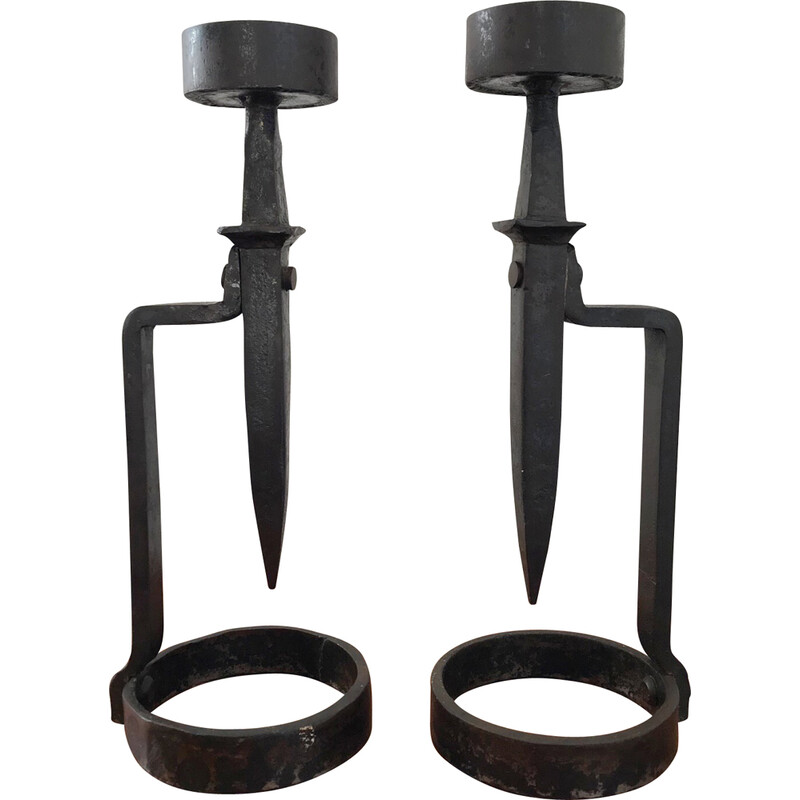 Pair of vintage Brutalist wrought iron candleholders, 1970