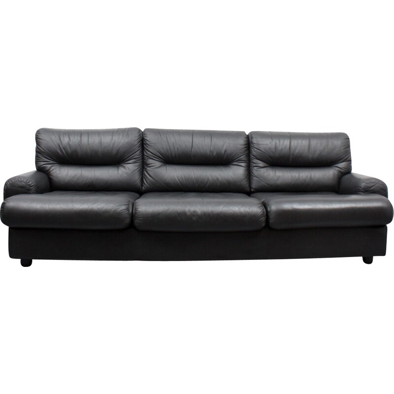 3-seater black leather sofa - 1970s