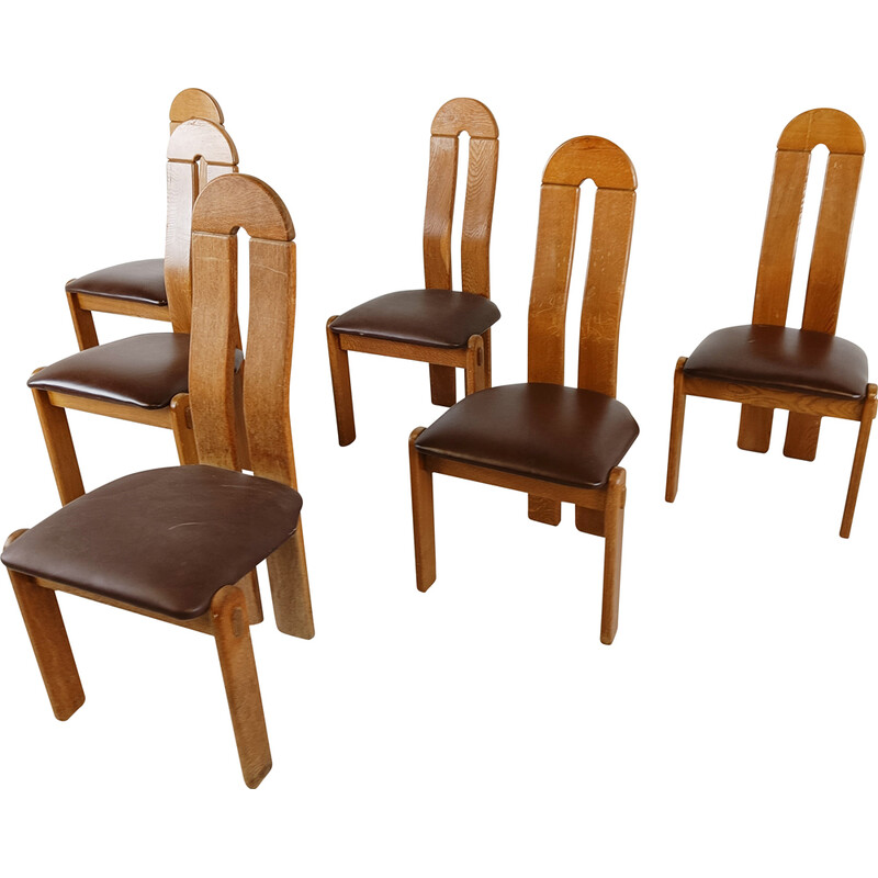 Set of 6 vintage brutalist oakwood chairs, Belgium 1960