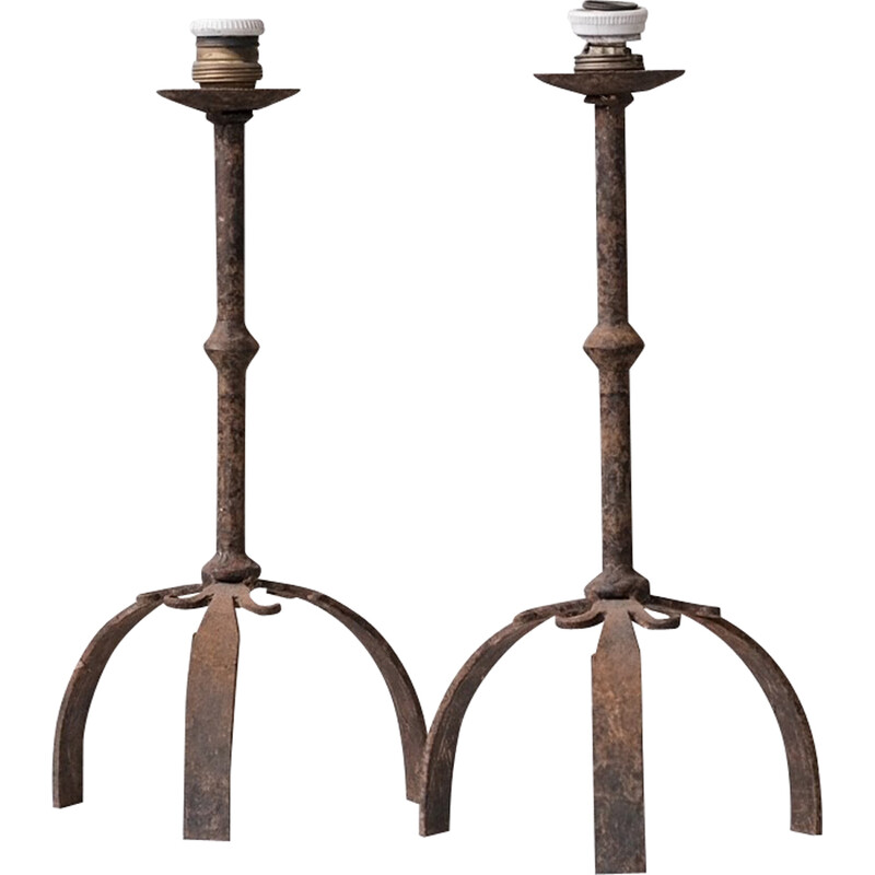 Pair of vintage metal candlesticks on flared legs, Spain 1960