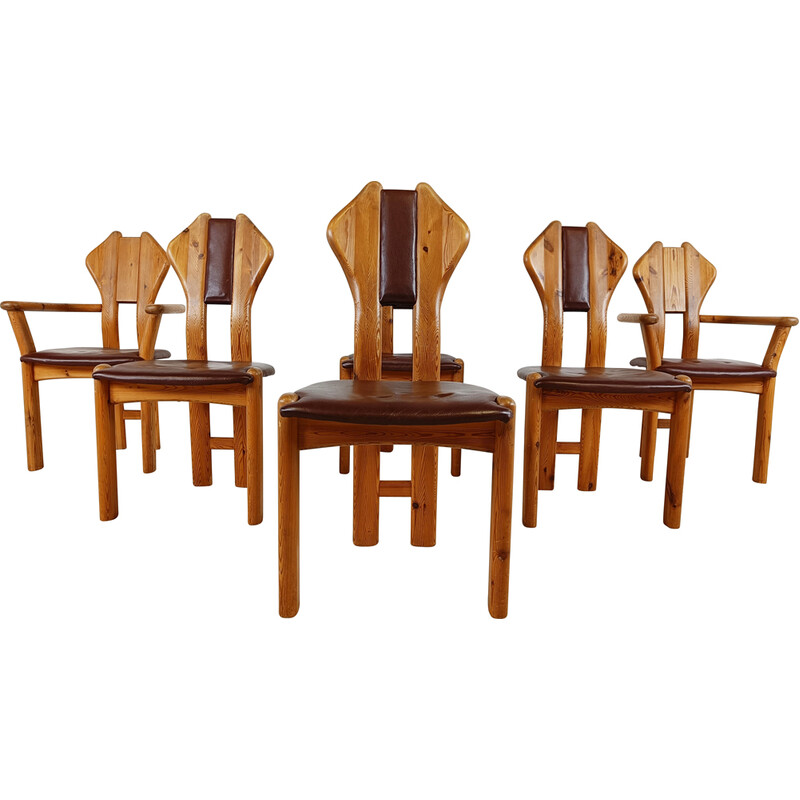 Ensemble de 6 chaises vintage en pin et cuir, Danemark 1970
