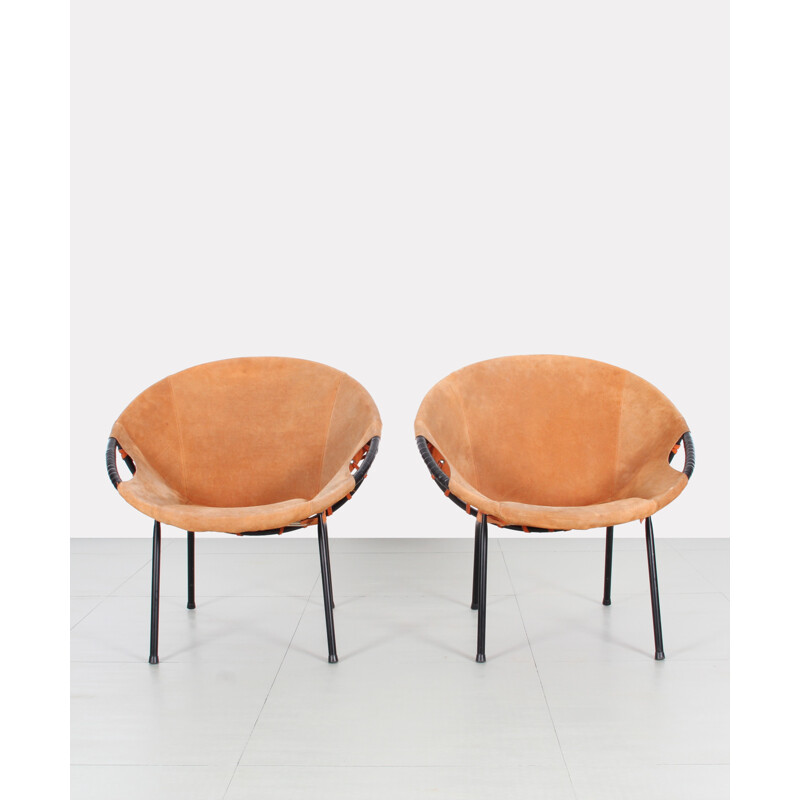 Pair of orange armchairs in leather and metal produced by Lusch Erzeugnis - 1960s