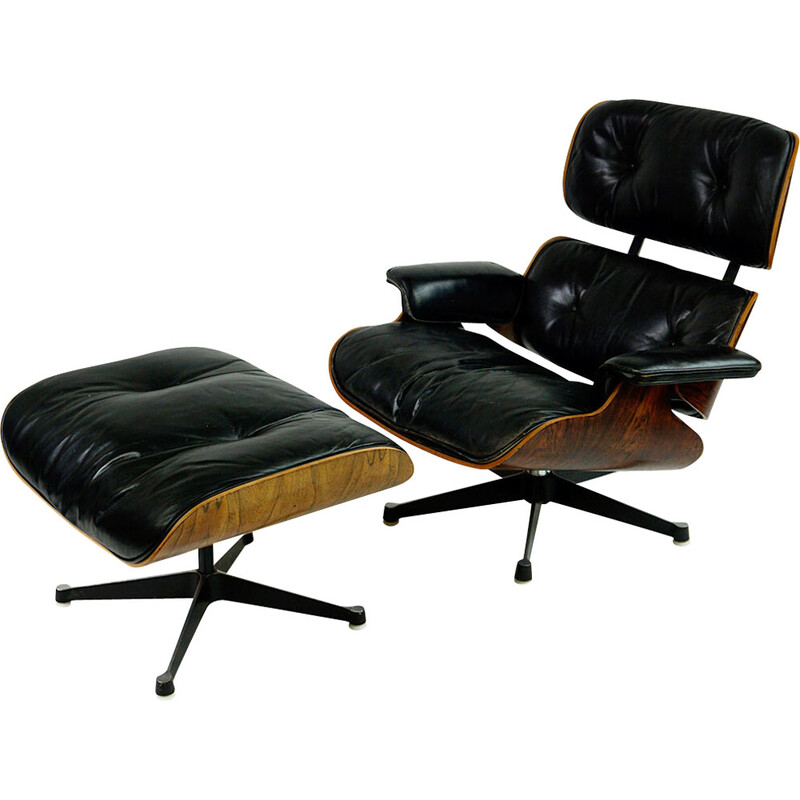 Poltrona vintage in palissandro con poggiapiedi mod. da Ray e Charles Eames per Herman Miller, 1956