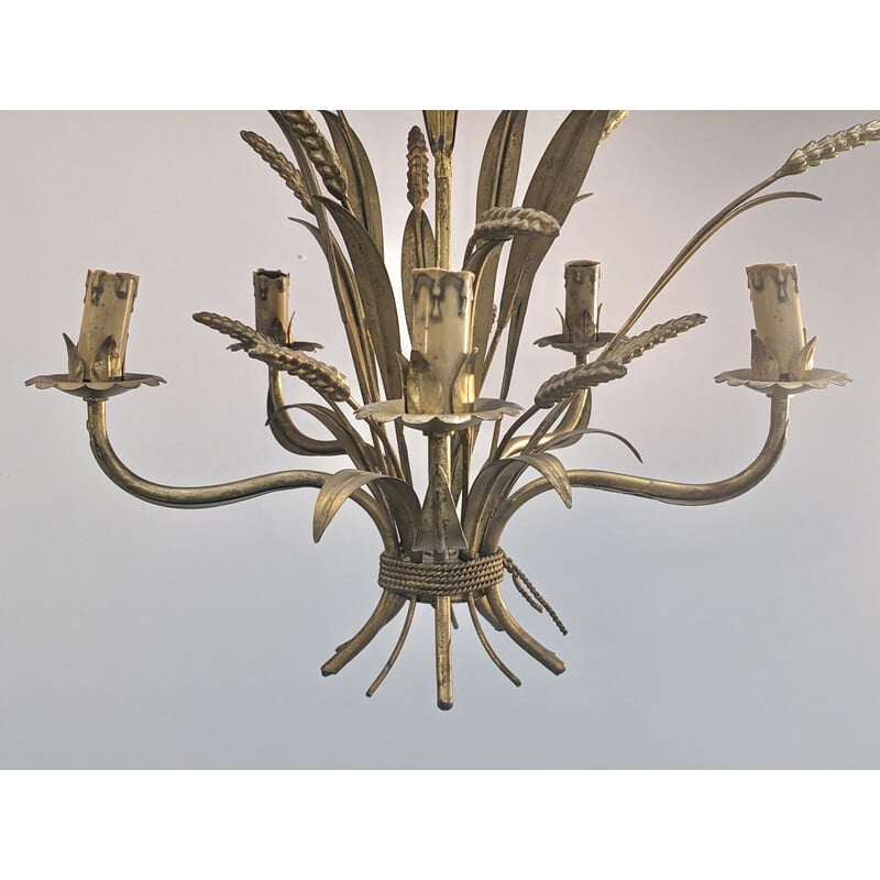 Vintage "ears of wheat" chandelier in gilded metal, 1970