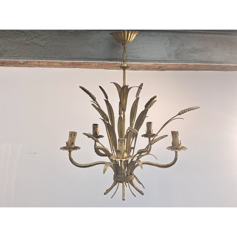 Vintage "ears of wheat" chandelier in gilded metal, 1970