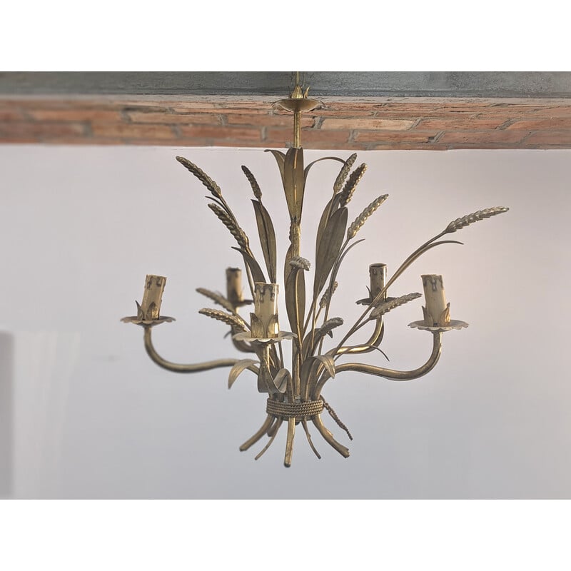 Vintage "ears of wheat" chandelier in gilded metal, 1970