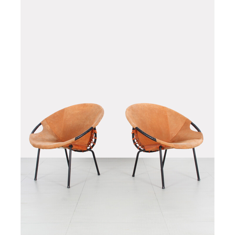 Pair of orange armchairs in leather and metal produced by Lusch Erzeugnis - 1960s