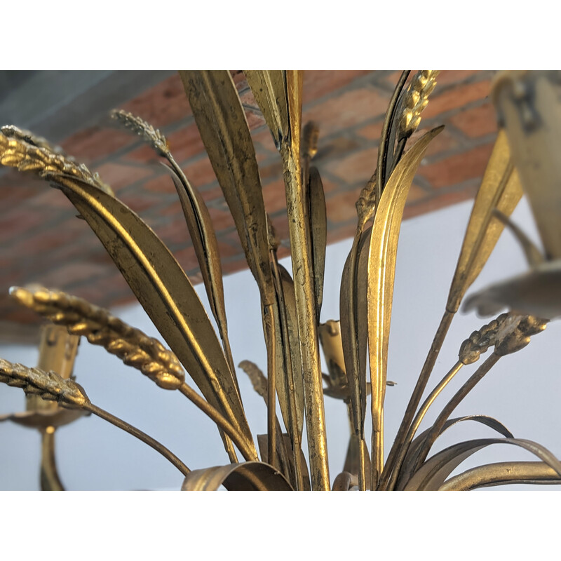 Lampadario "spighe di grano" in metallo dorato vintage, 1970