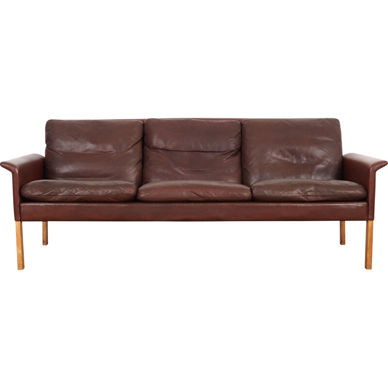 Vintage leather and wood sofa by Hans Olsen for Cs Møbler, Denmark 1960