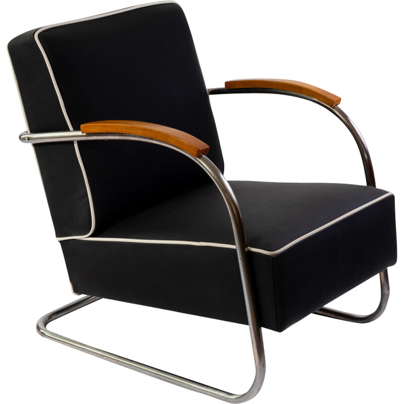 Vintage Bauhaus fauteuil in verchroomd staal en hout van Mücke en Melder, 1930