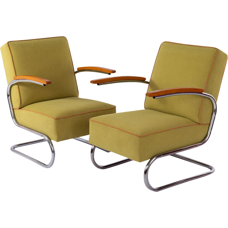Pair of vintage Bauhaus cantilever armchairs in chromed steel, 1930