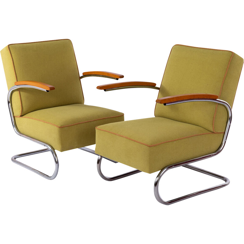 Pareja de sillones voladizos vintage Bauhaus en acero cromado, 1930