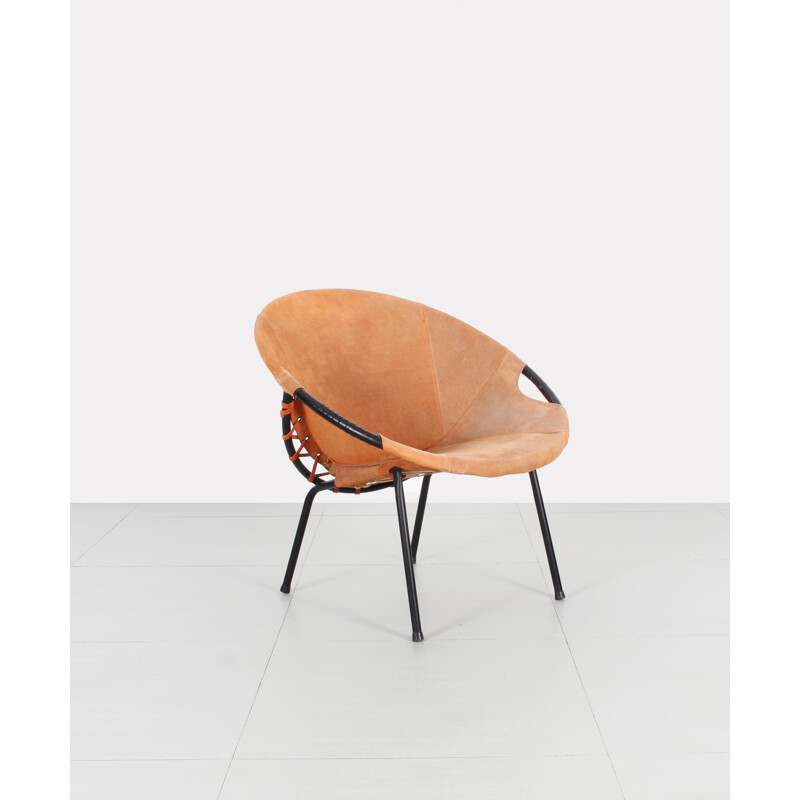 Paire de fauteuils orange en daim et en métal produite par Lusch Erzeugnis - 1960