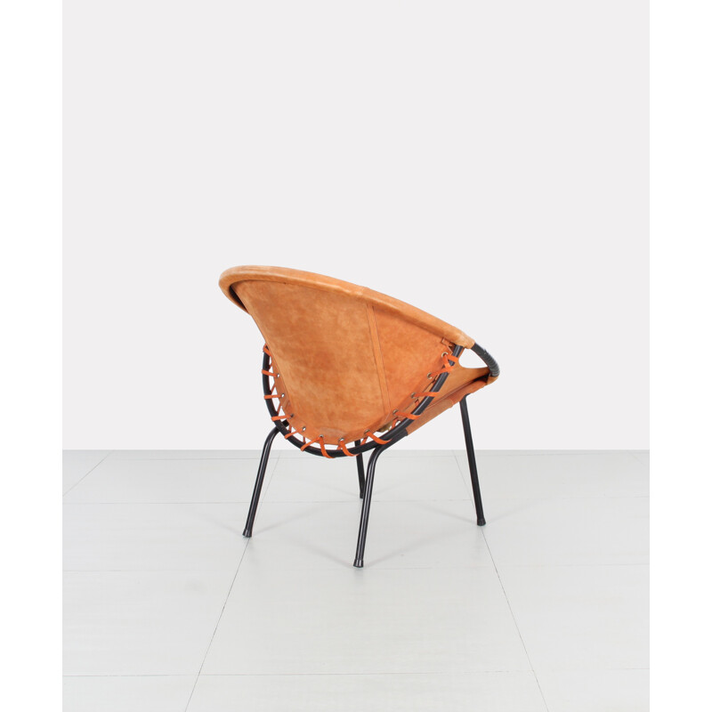 Pair of orange armchairs in leather and metal produced by Lusch Erzeugnis - 1960s