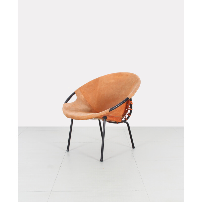 Pair of orange armchairs in leather and metal produced by Lusch Erzeugnis - 1960s