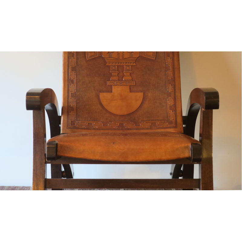 Vintage teak and canvas leather folding armchair by Angel I. Pazmino for Muebles De Estilo, 1970