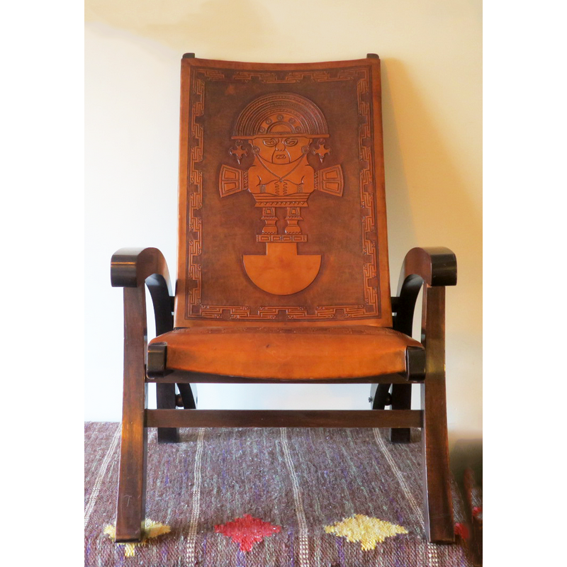 Vintage teak and canvas leather folding armchair by Angel I. Pazmino for Muebles De Estilo, 1970