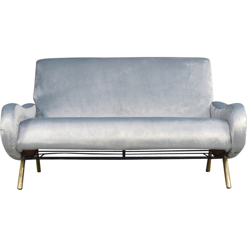 2-seater blue sofa in velvet and brass by Marco Zanuso produced by Arflex  - 1950s