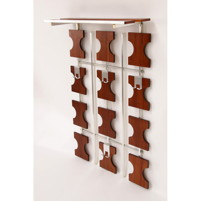 Vintage teak wall coat rack with hat shelf, 1960s