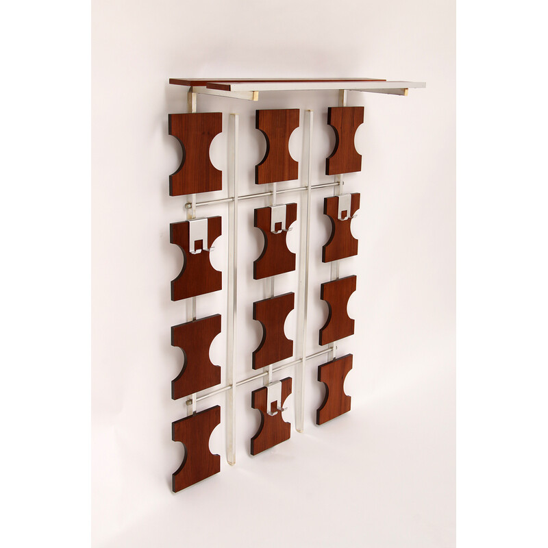 Vintage teak wall coat rack with hat shelf, 1960s