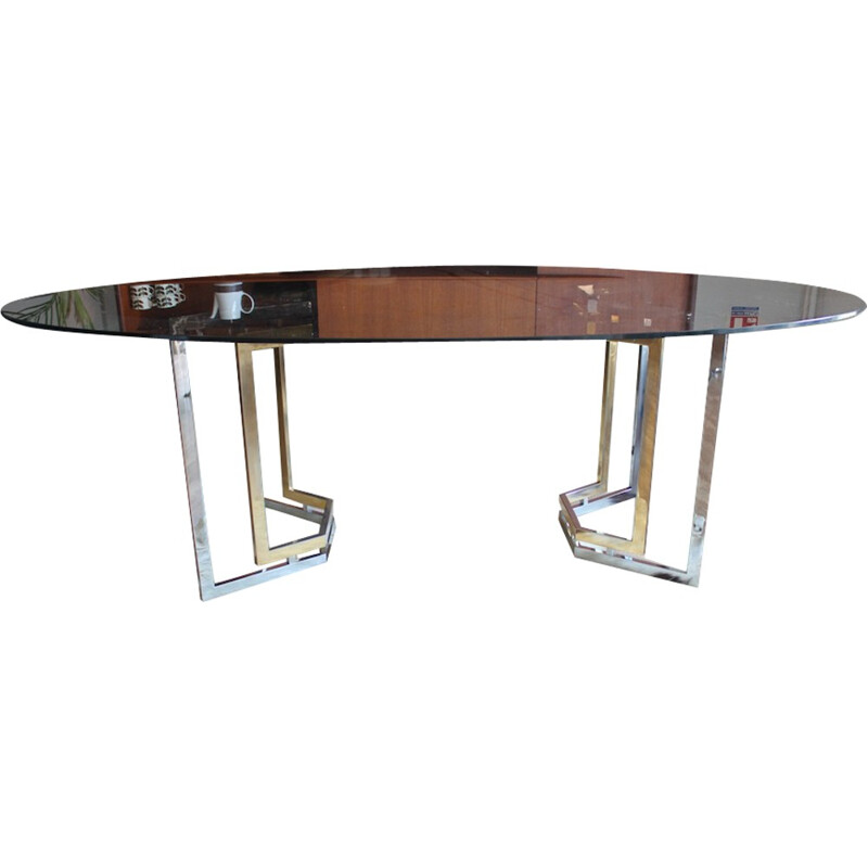 Roche Bobois smoked glass dining table, chrome and brass - 1970s