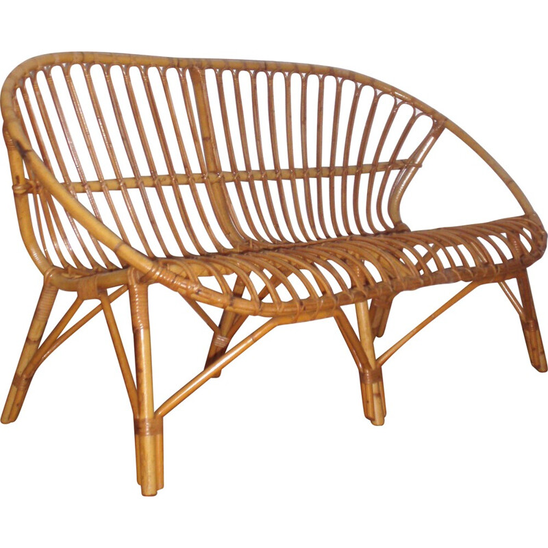 Rattan and bamboo 2 seater bench in basket shape - 1960s