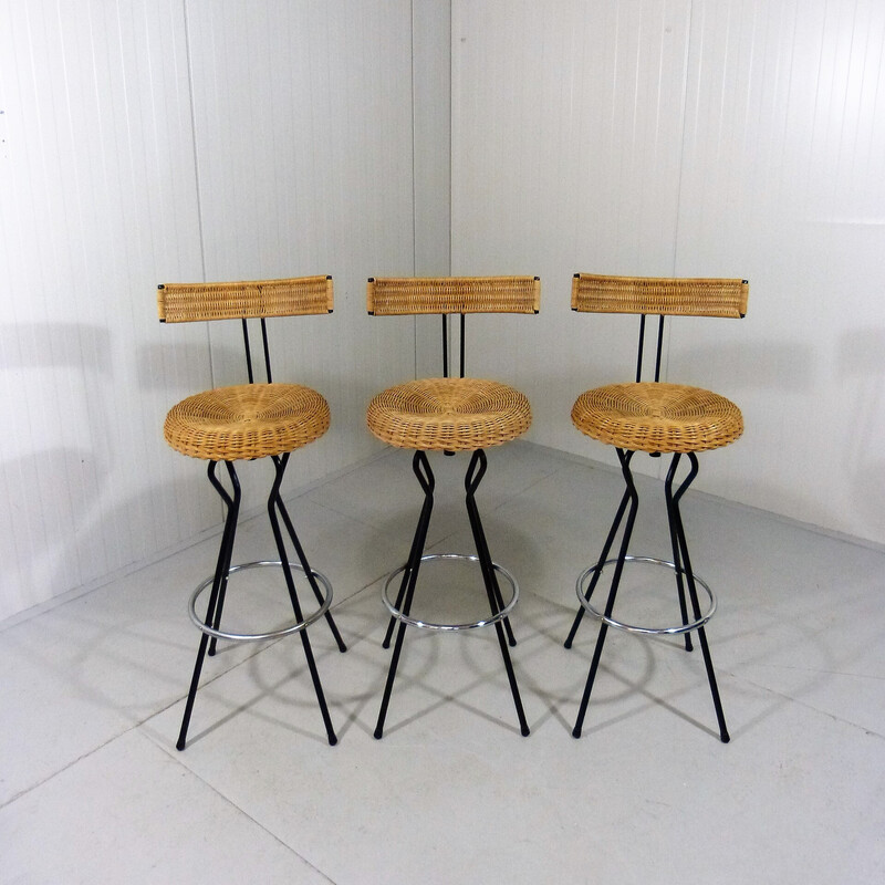 Set of 3 vintage wicker and steel swivel bar stools, 1960