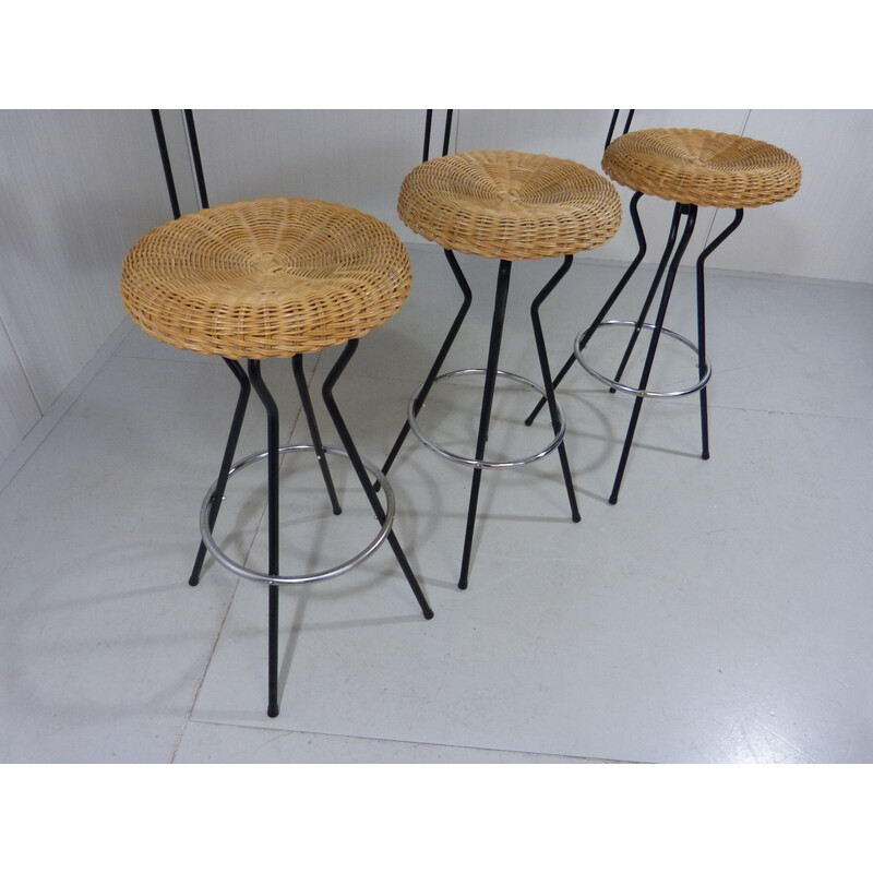 Ensemble de 3 tabourets de bar pivotants vintage en osier et acier, 1960