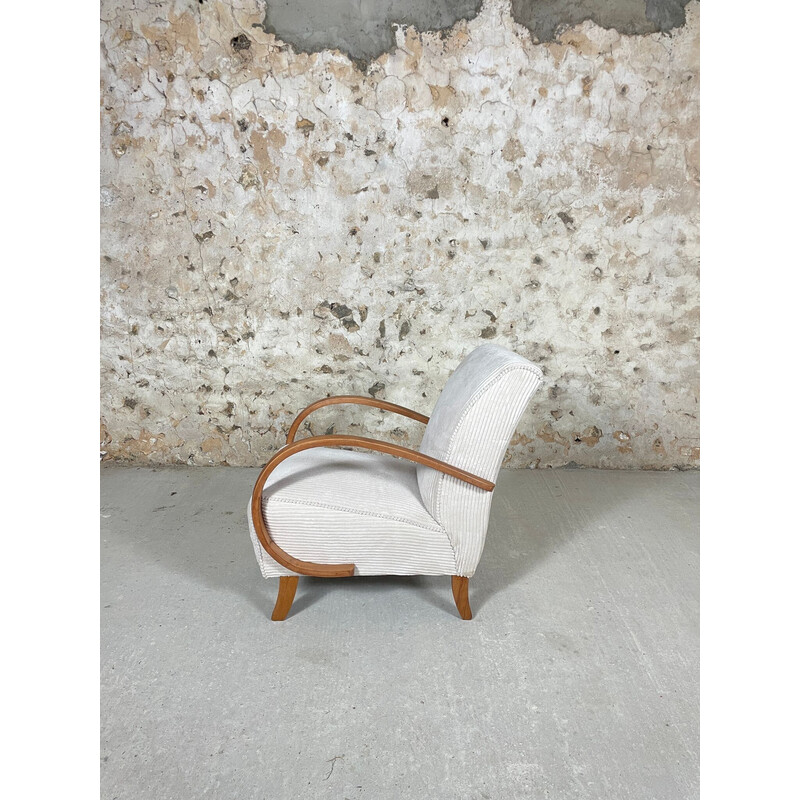 Vintage houten en witte corduroy fauteuil, 1950