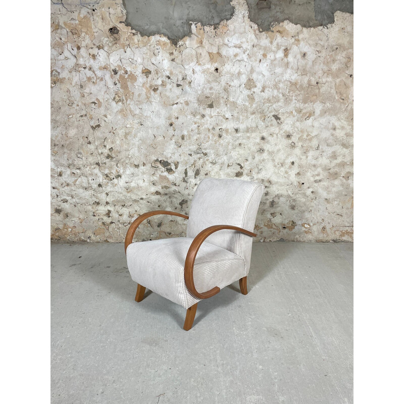 Vintage armchair in wood and white corduroy, 1950