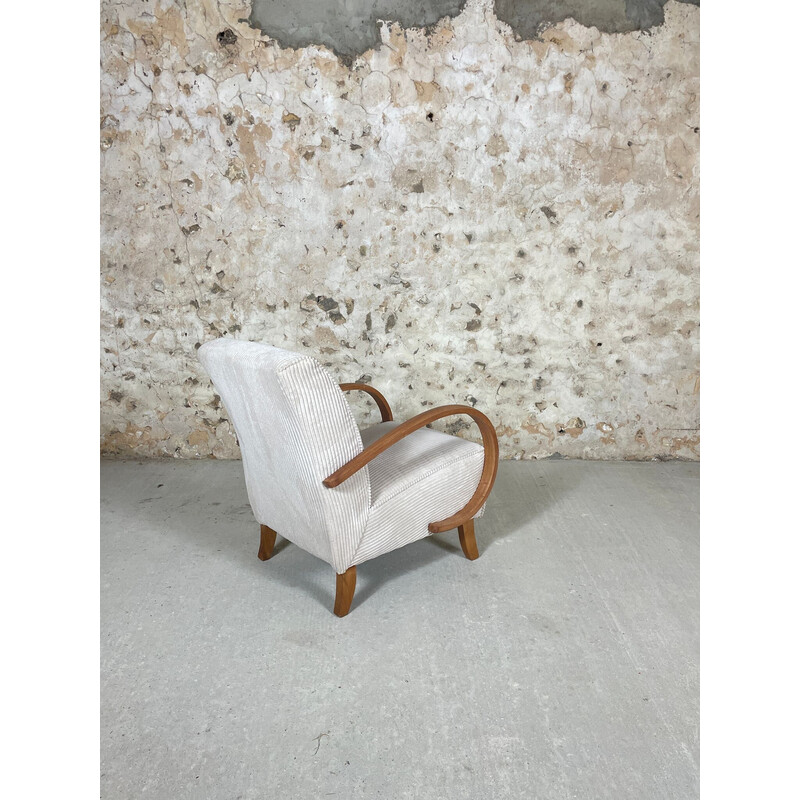 Vintage houten en witte corduroy fauteuil, 1950