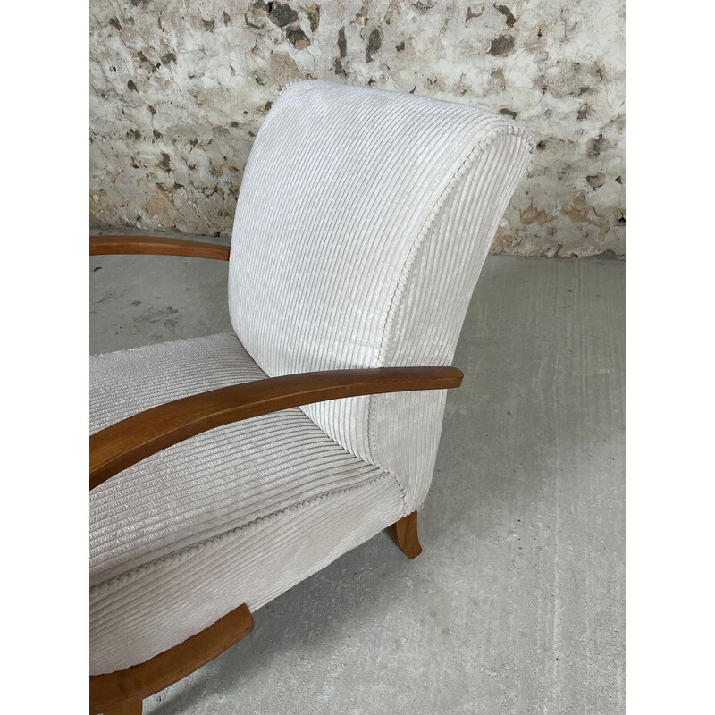 Vintage armchair in wood and white corduroy, 1950